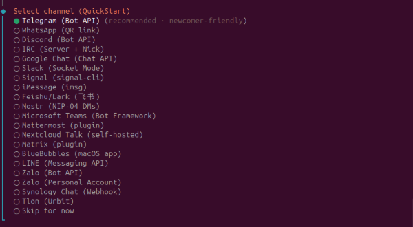Selecting Telegram as the channel