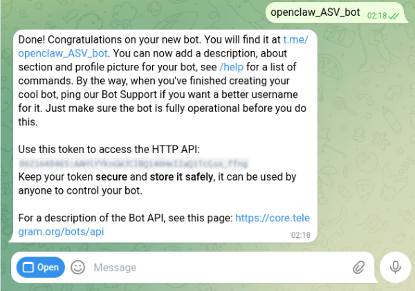 Bot created successfully with its API token