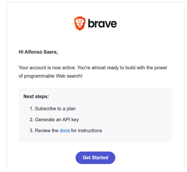 Account activation email from Brave