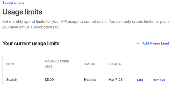 Usage limits dashboard