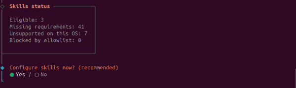 Skills status: 3 eligible, 41 missing requirements