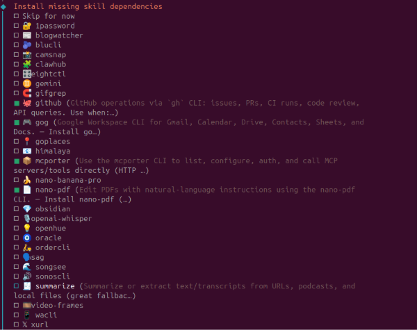 List of installable skills