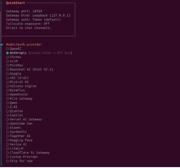 QuickStart settings and model provider selection