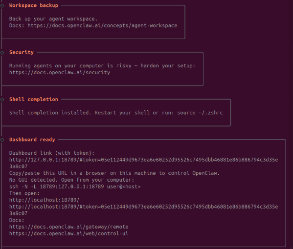 Dashboard ready with workspace backup and security reminders