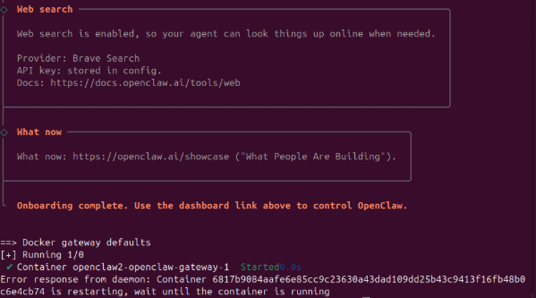 Onboarding complete and Docker container starting